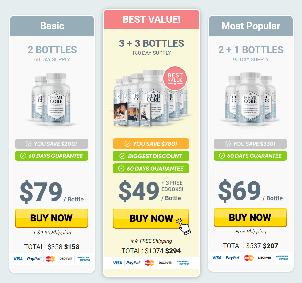 FemiCore pricing packages and bundles — click to order on the official website